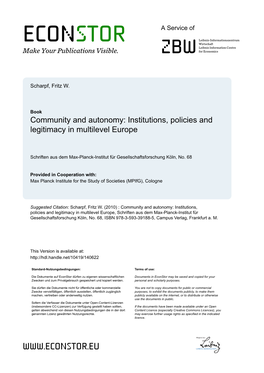 Community and Autonomy: Institutions, Policies and Legitimacy in Multilevel Europe