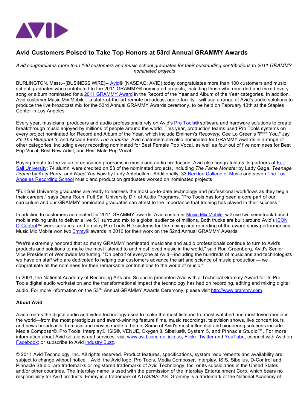 Avid Customers Poised to Take Top Honors at 53Rd Annual GRAMMY Awards
