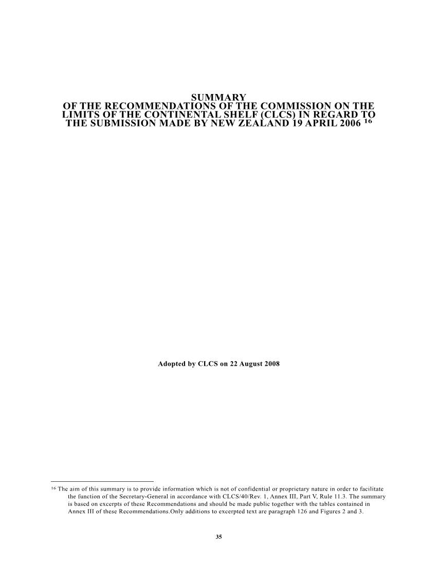 Summary of the Recommendations of the Commission on the Limits of the Continental Shelf (Clcs) in Regard to the Submission Made by New Zealand 19 April 2006 16