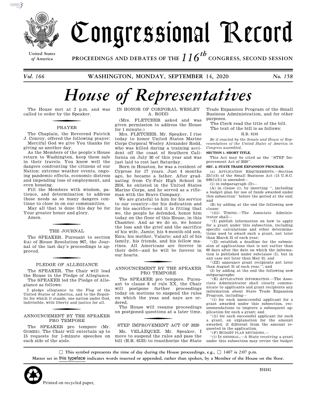 Congressional Record United States Th of America PROCEEDINGS and DEBATES of the 116 CONGRESS, SECOND SESSION