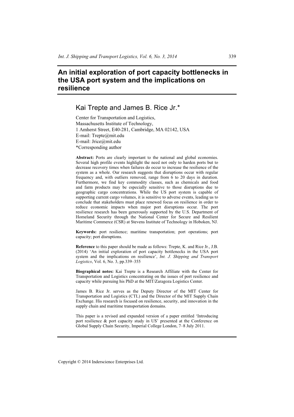 An Initial Exploration of Port Capacity Bottlenecks in the USA Port System and the Implications on Resilience