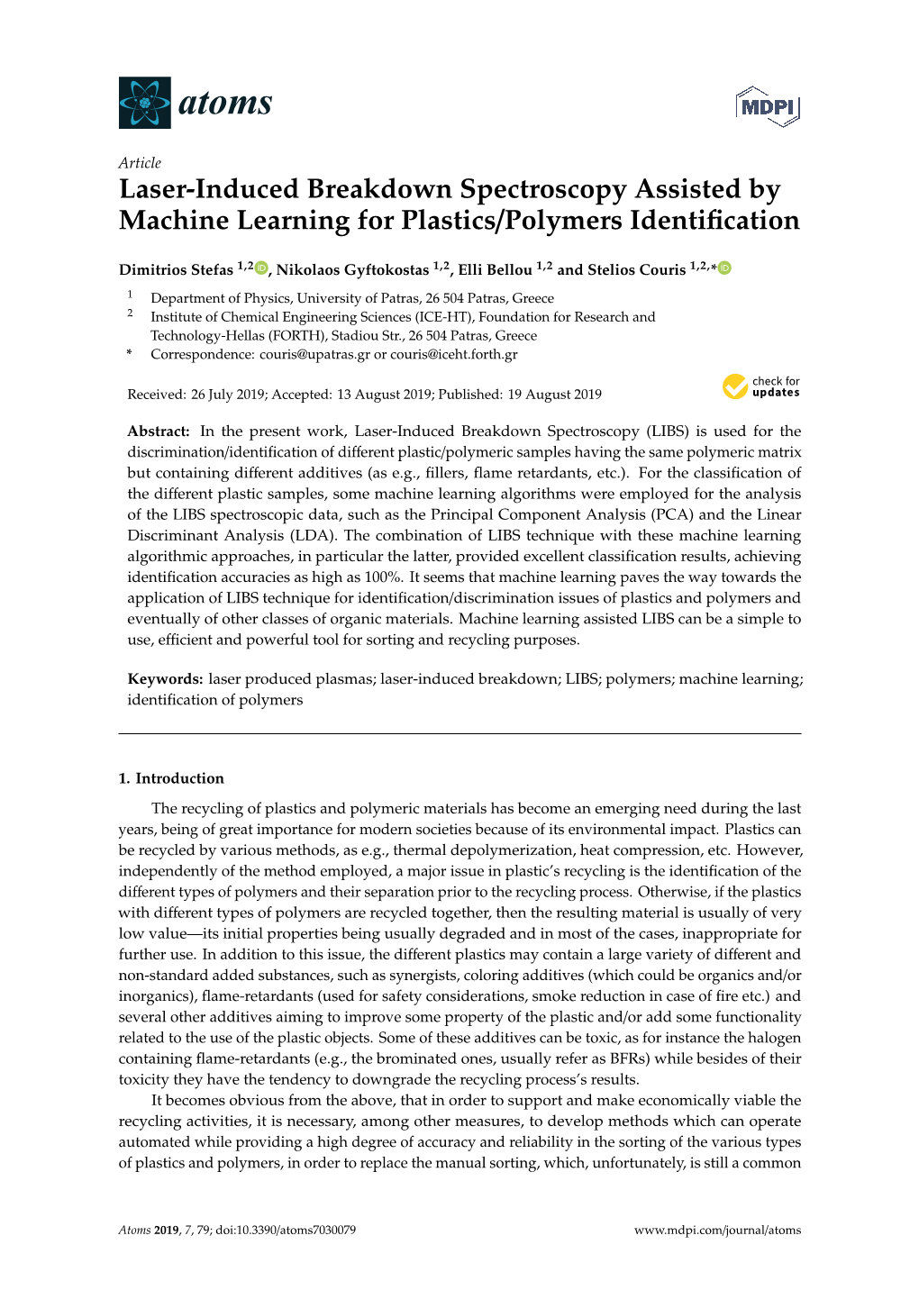 Laser-Induced Breakdown Spectroscopy Assisted by Machine Learning for Plastics/Polymers Identiﬁcation