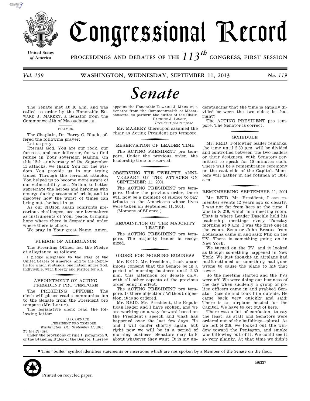 Congressional Record United States Th of America PROCEEDINGS and DEBATES of the 113 CONGRESS, FIRST SESSION