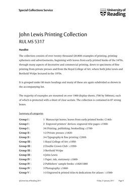 John Lewis Printing Collection RUL MS 5317