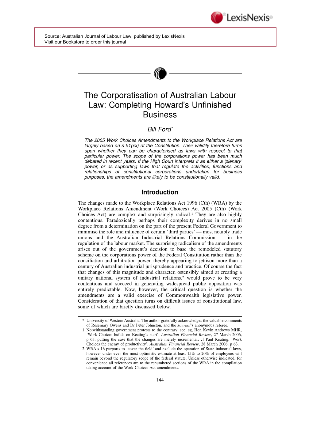 The Corporatisation of Australian Labour Law: Completing Howard's