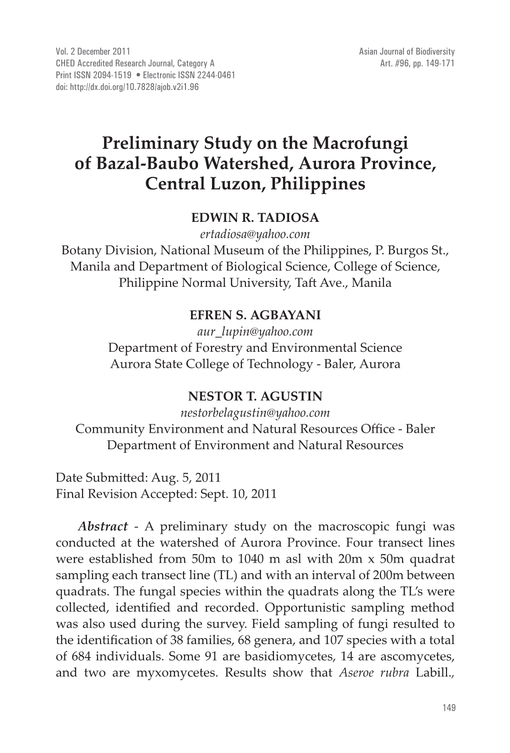 Preliminary Study on the Macrofungi of Bazal-Baubo Watershed, Aurora Province, Central Luzon, Philippines