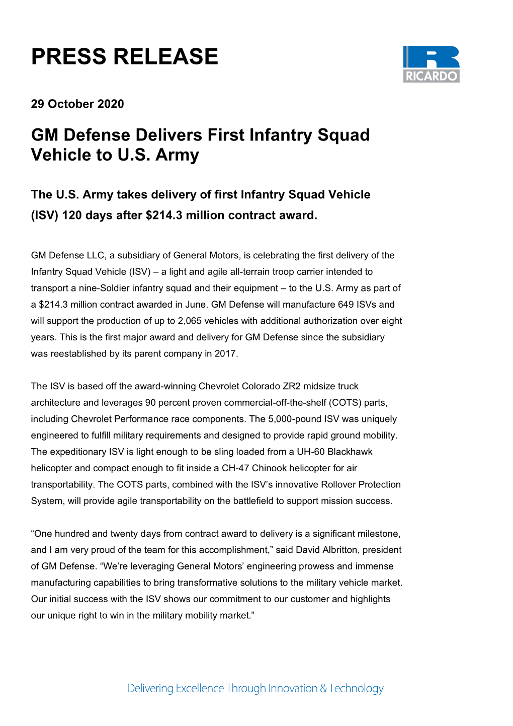 GM Defense Delivers First Infantry Squad Vehicle to US