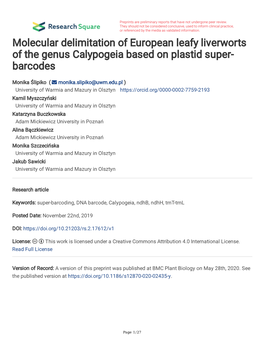 Molecular Delimitation of European Leafy Liverworts of the Genus Calypogeia Based on Plastid Super- Barcodes