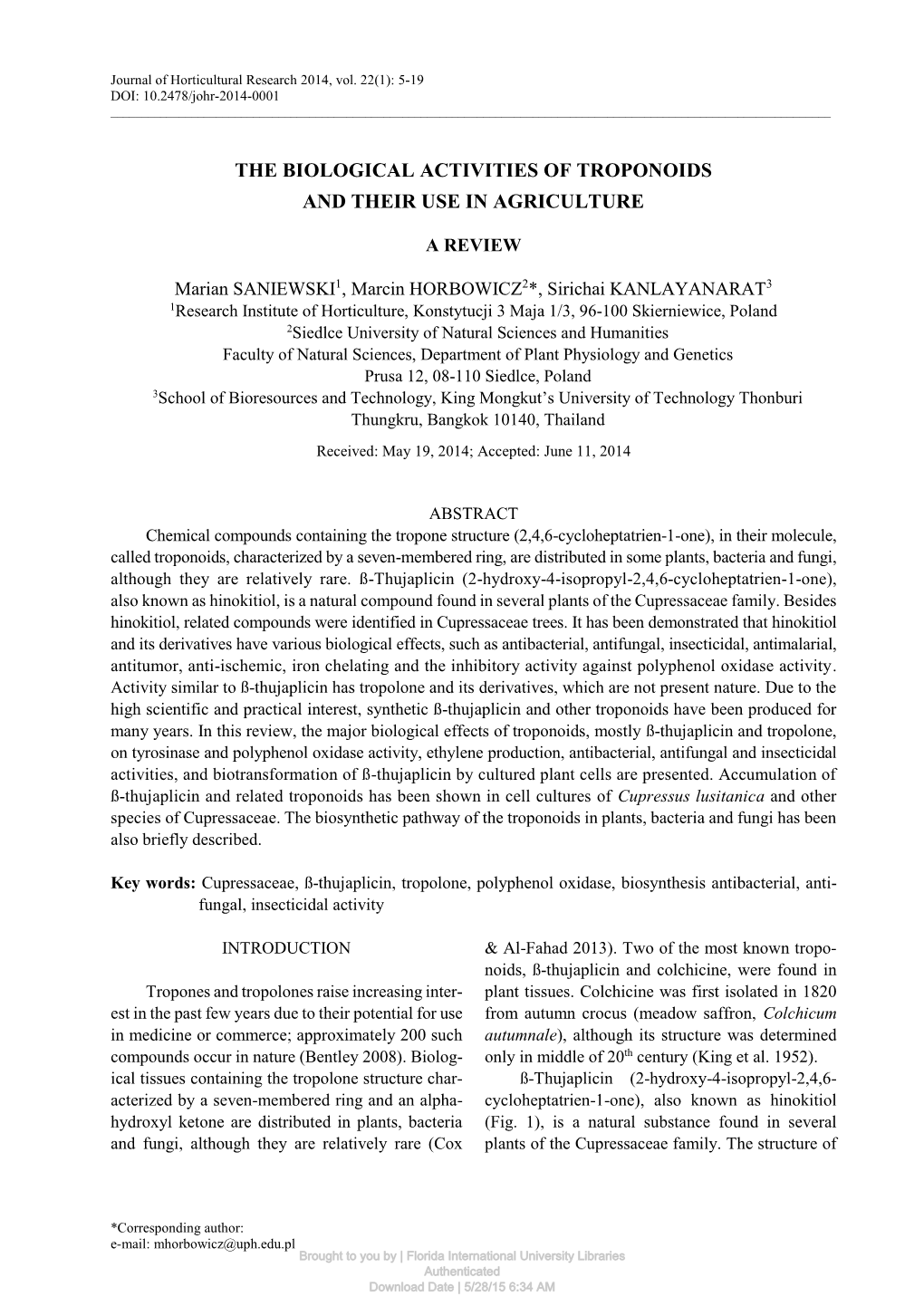 The Biological Activities of Troponoids and Their Use in Agriculture