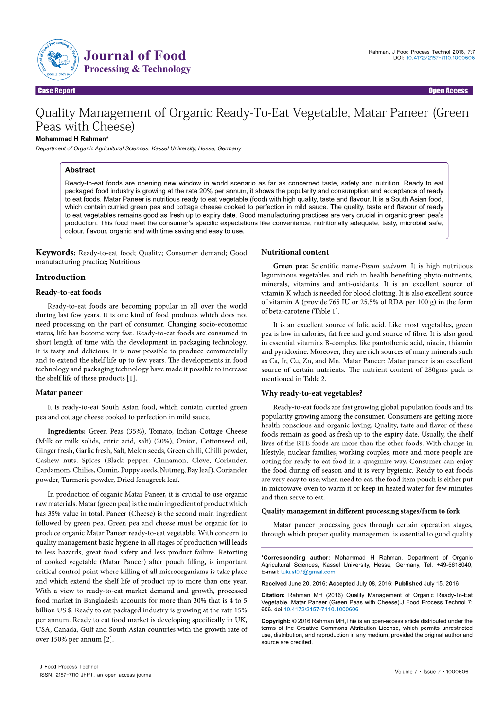 Green Peas with Cheese) Mohammad H Rahman* Department of Organic Agricultural Sciences, Kassel University, Hesse, Germany