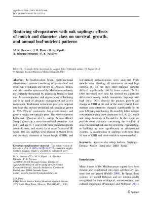 Restoring Silvopastures with Oak Saplings: Effects of Mulch and Diameter Class on Survival, Growth, and Annual Leaf-Nutrient Patterns