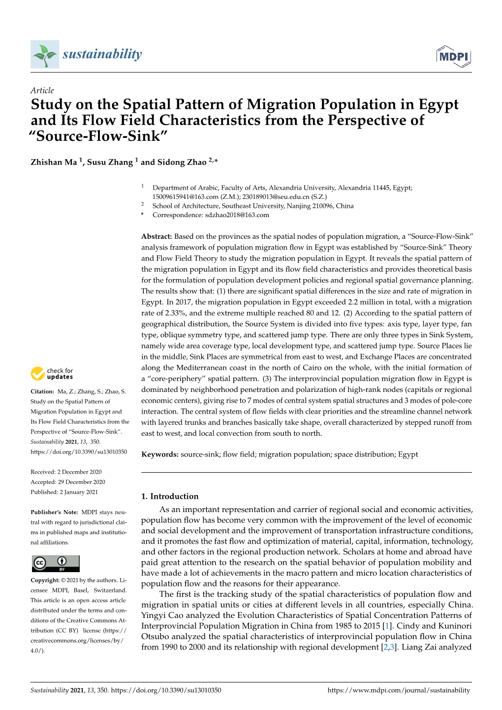 Study on the Spatial Pattern of Migration Population in Egypt and Its Flow Field Characteristics from the Perspective of “Source-Flow-Sink”