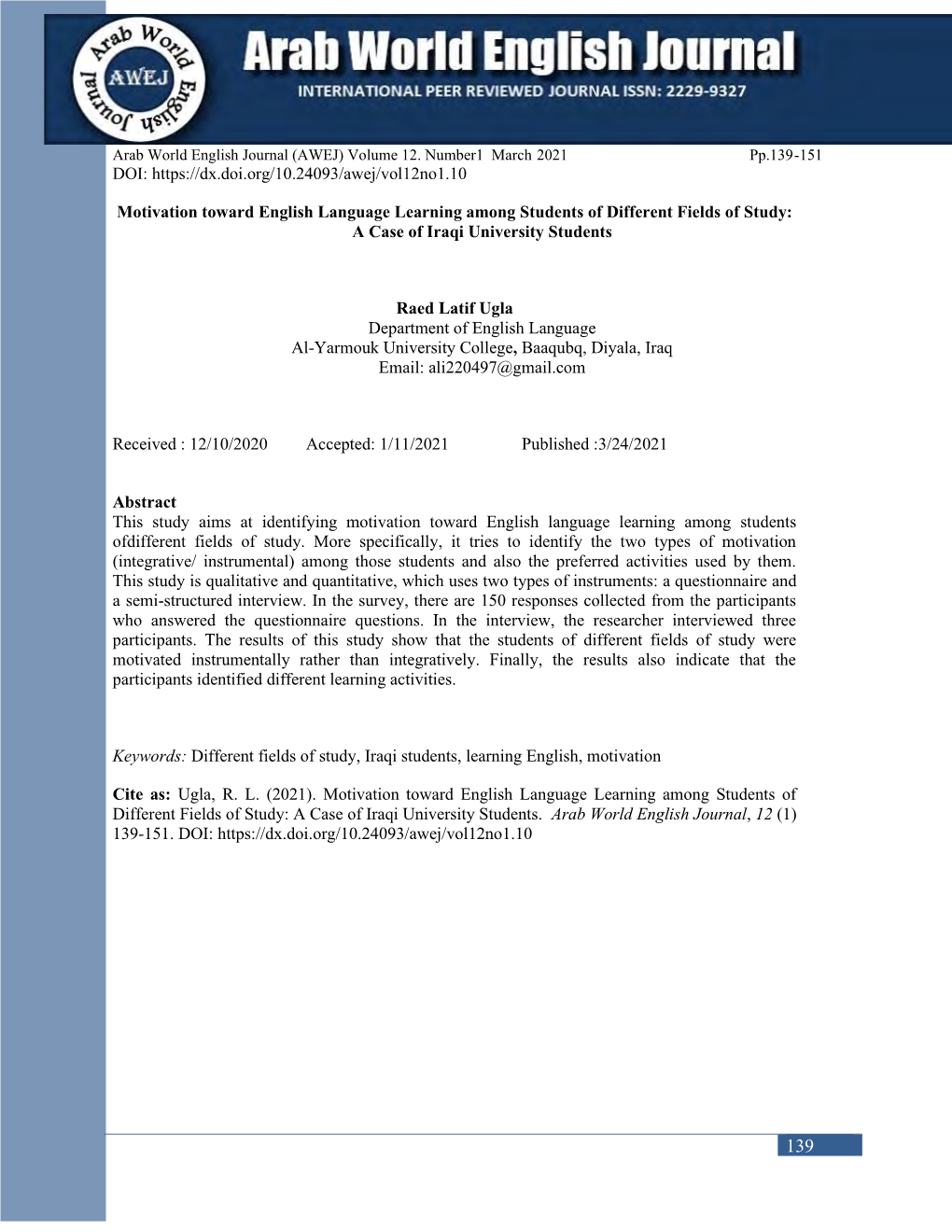 Motivation Toward English Language Learning Among Students of Different Fields of Study: a Case of Iraqi University Students