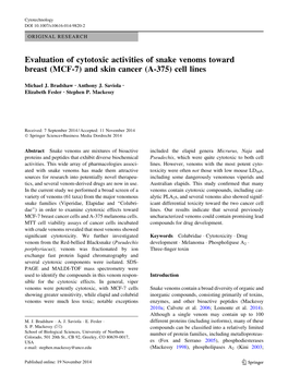 Evaluation of Cytotoxic Activities of Snake Venoms Toward Breast (MCF-7) and Skin Cancer (A-375) Cell Lines