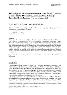 The Complete Larval Development of Sadayoshia Edwardsii (Miers, 1884) (Decapoda: Anomura: Galatheidae) Described from Laboratory-Reared Material