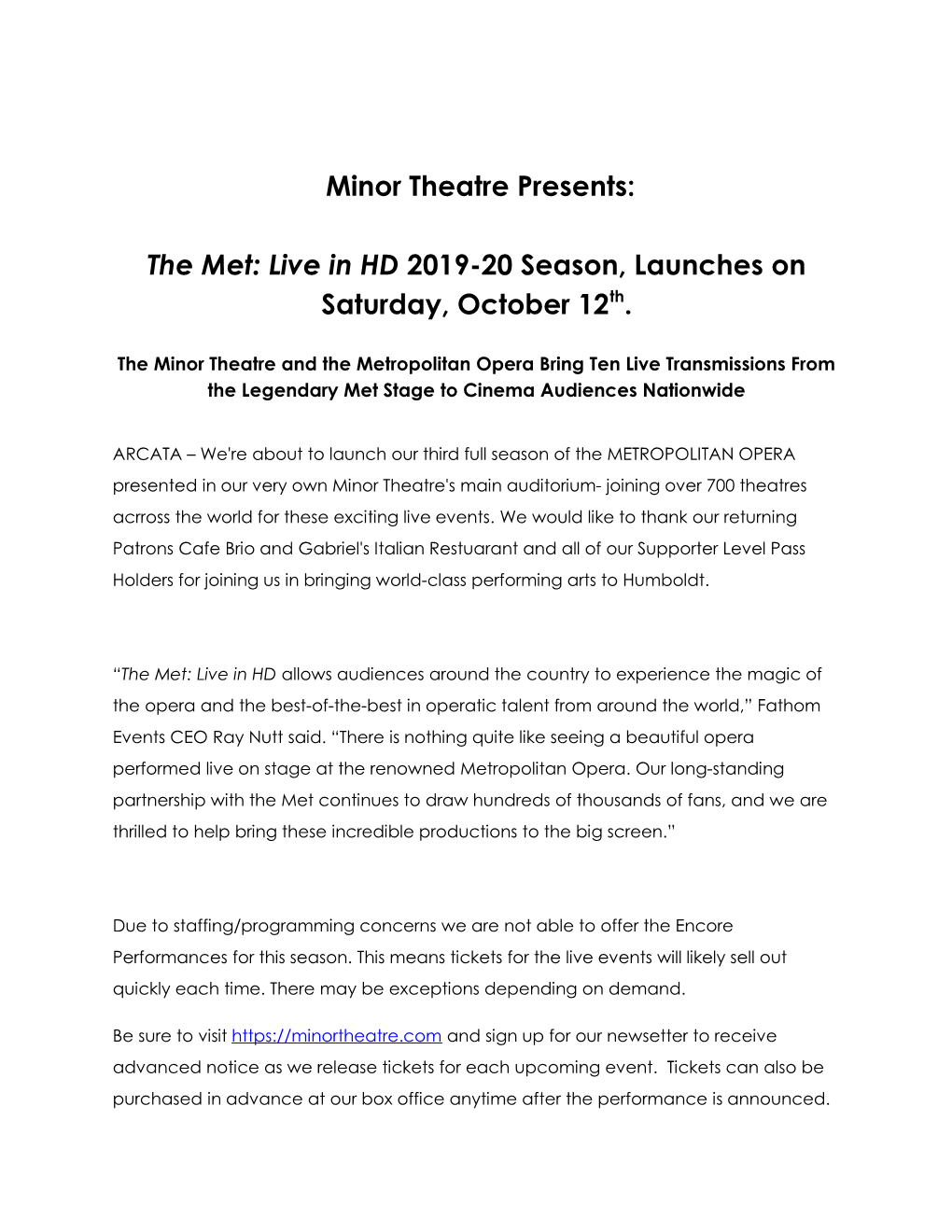 Minor Theatre Presents: the Met: Live in HD 2019-20 Season, Launches on Saturday, October 12Th