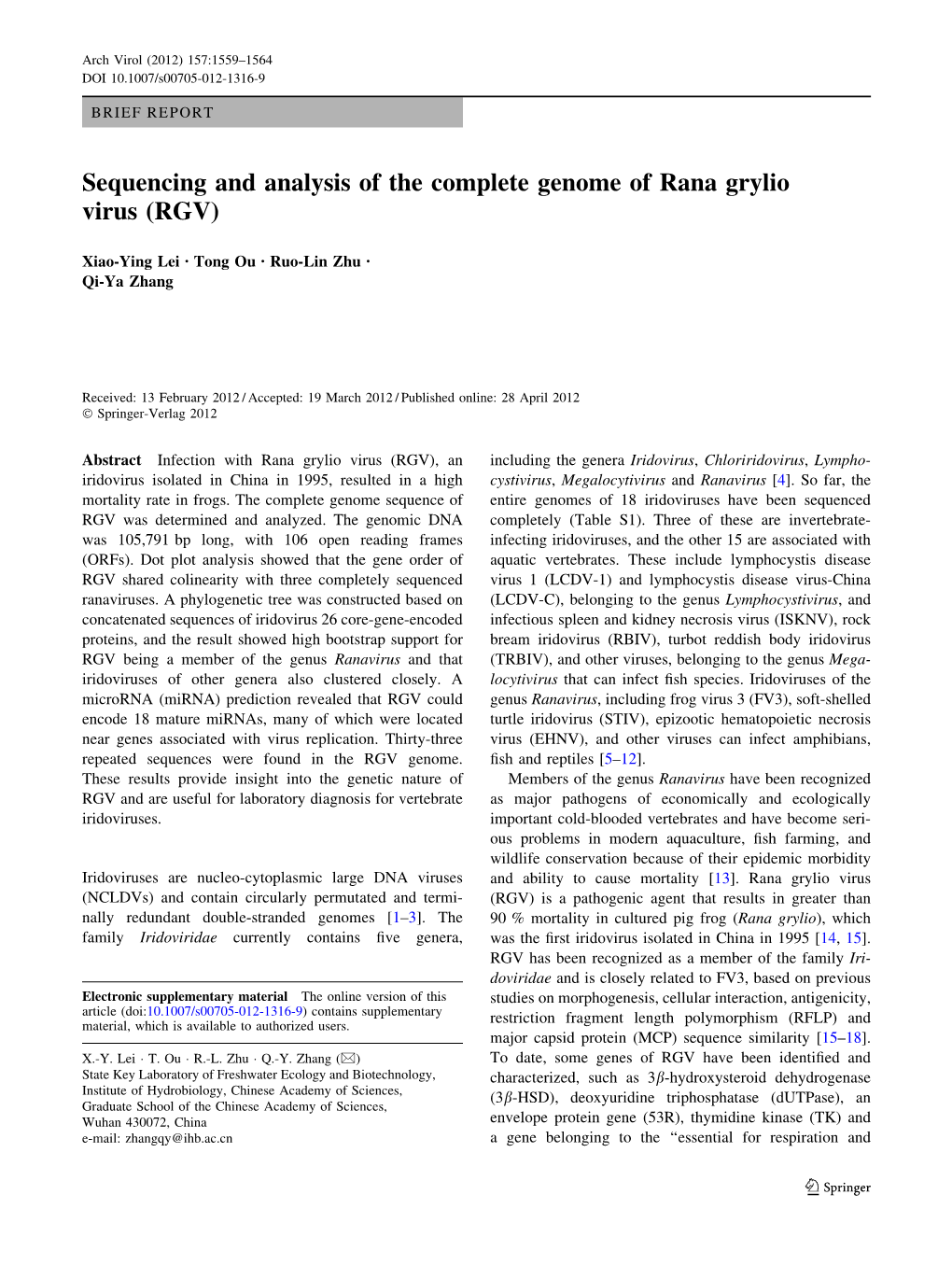 Sequencing and Analysis of the Complete Genome of Rana Grylio Virus (RGV)