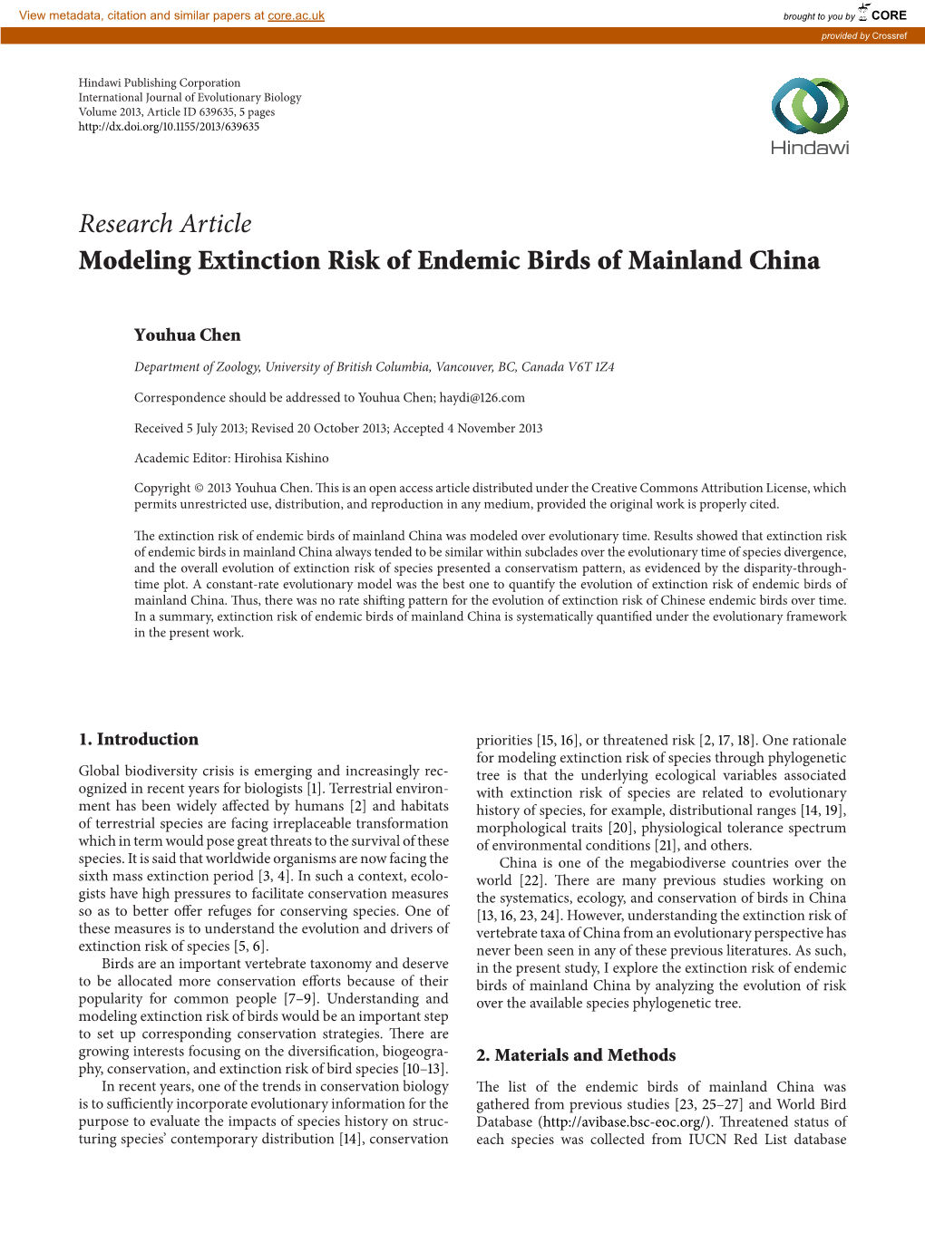 Research Article Modeling Extinction Risk of Endemic Birds of Mainland China
