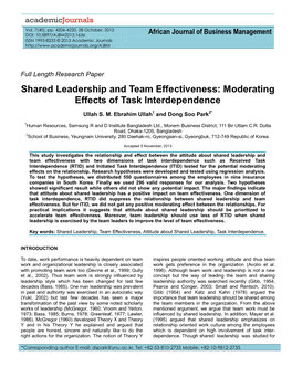 Shared Leadership and Team Effectiveness: Moderating Effects of Task Interdependence