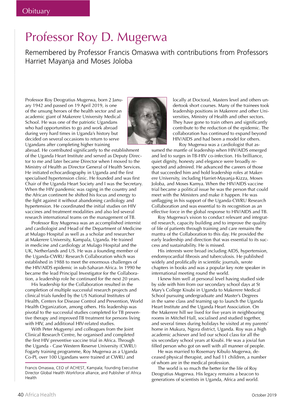Professor Roy D. Mugerwa Remembered by Professor Francis Omaswa with Contributions from Professors Harriet Mayanja and Moses Joloba