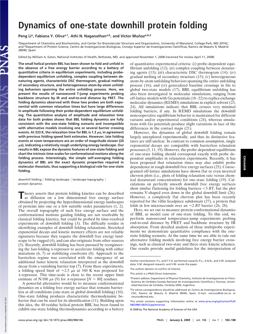 Dynamics of One-State Downhill Protein Folding