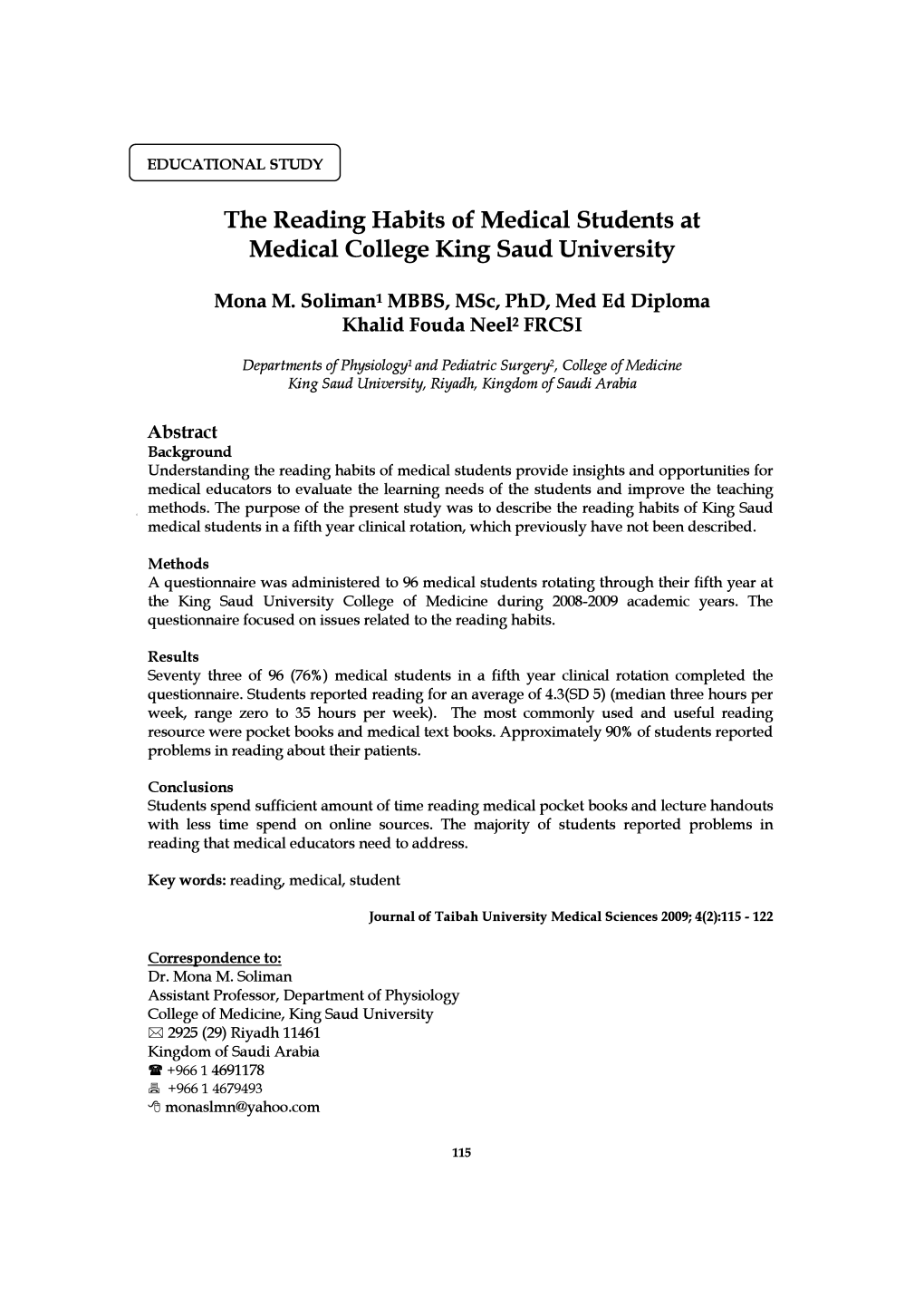 The Reading Habits of Medical Students at Medical College King Saud University