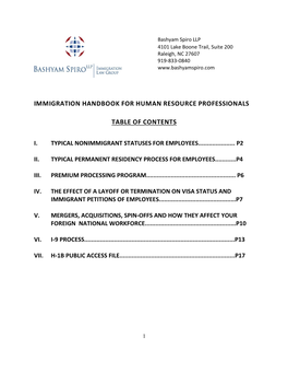 Immigration Handbook for Human Resource Professionals Table of Contents