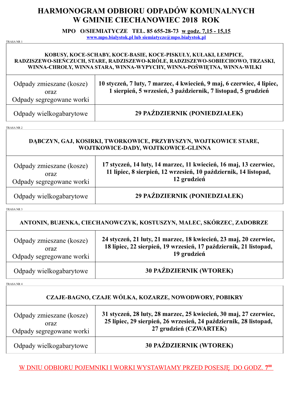 Harmonogram Odbioru Odpadów Komunalnych W Gminie Ciechanowiec 2018 Rok Mpo O/Siemiatycze Tel