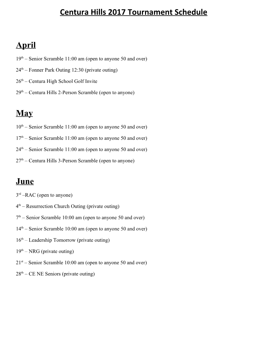 Centura Hills 2017 Tournament Schedule