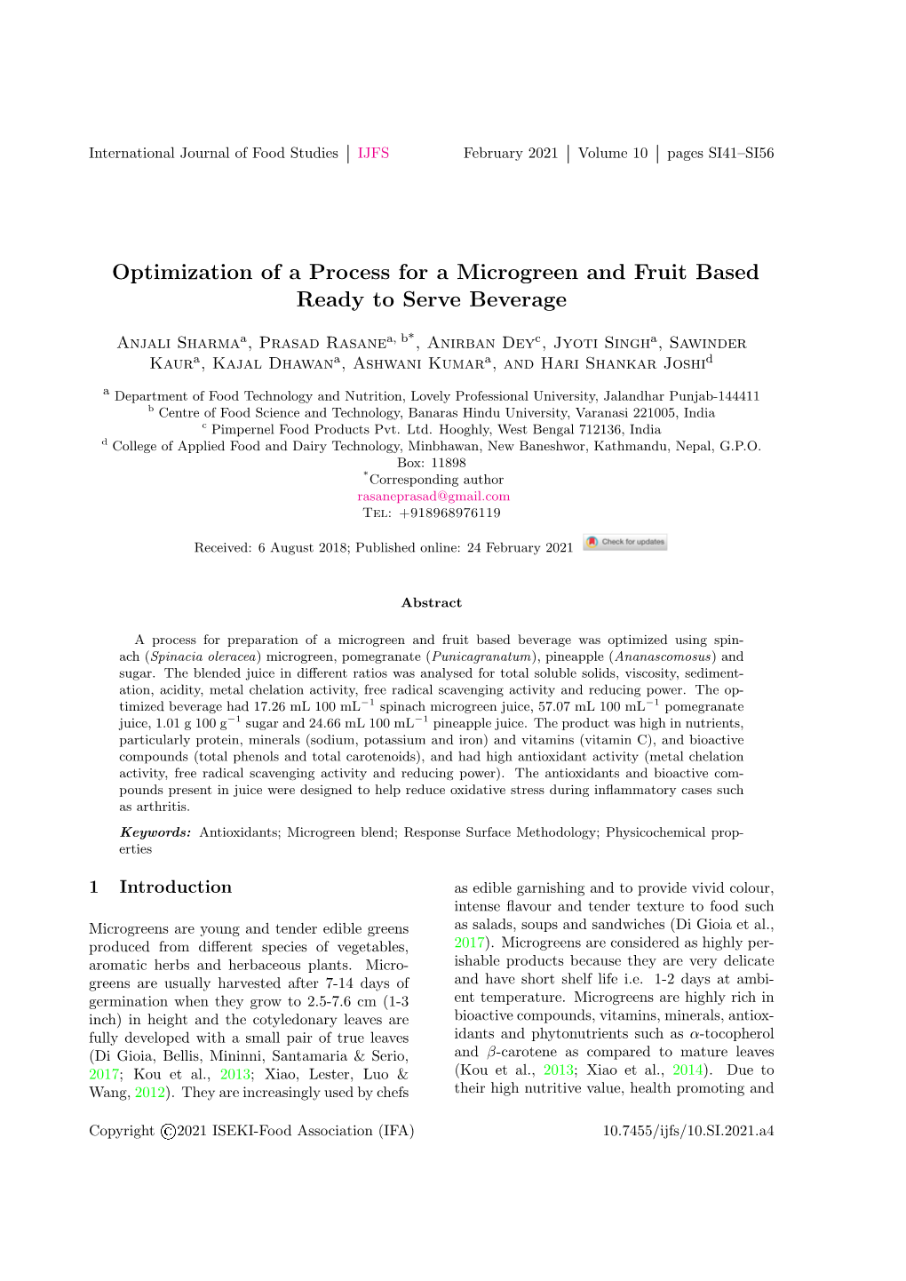 Optimization of a Process for a Microgreen and Fruit Based Ready to Serve Beverage