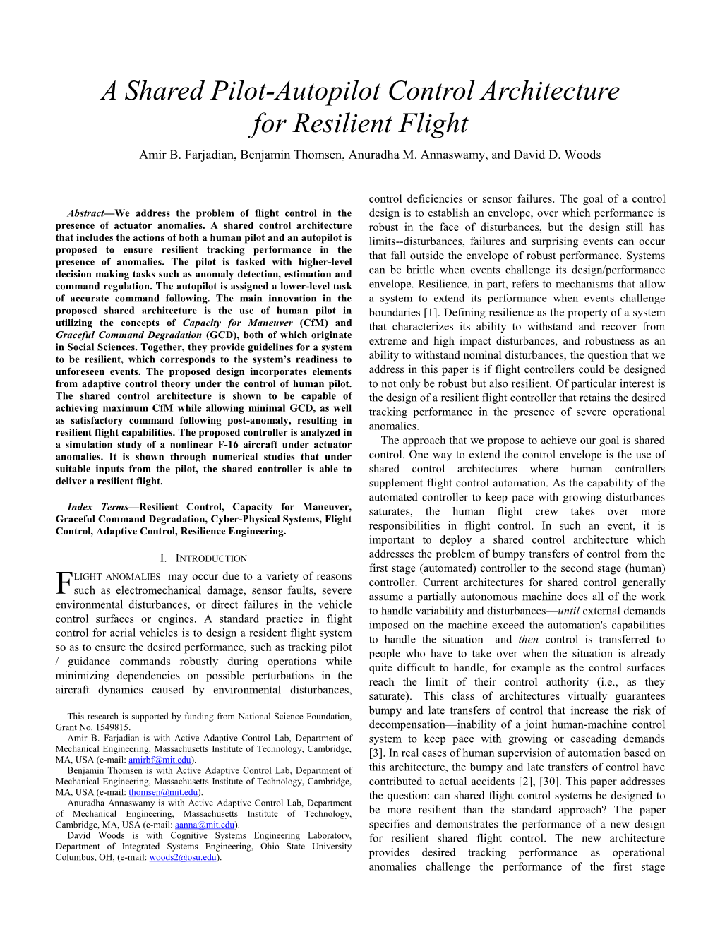 A Shared Pilot-Autopilot Control Architecture for Resilient Flight Amir B