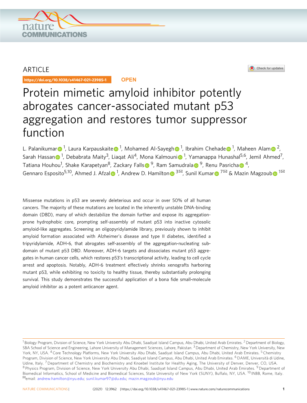 Protein Mimetic Amyloid Inhibitor Potently Abrogates Cancer-Associated Mutant P53 Aggregation and Restores Tumor Suppressor Function