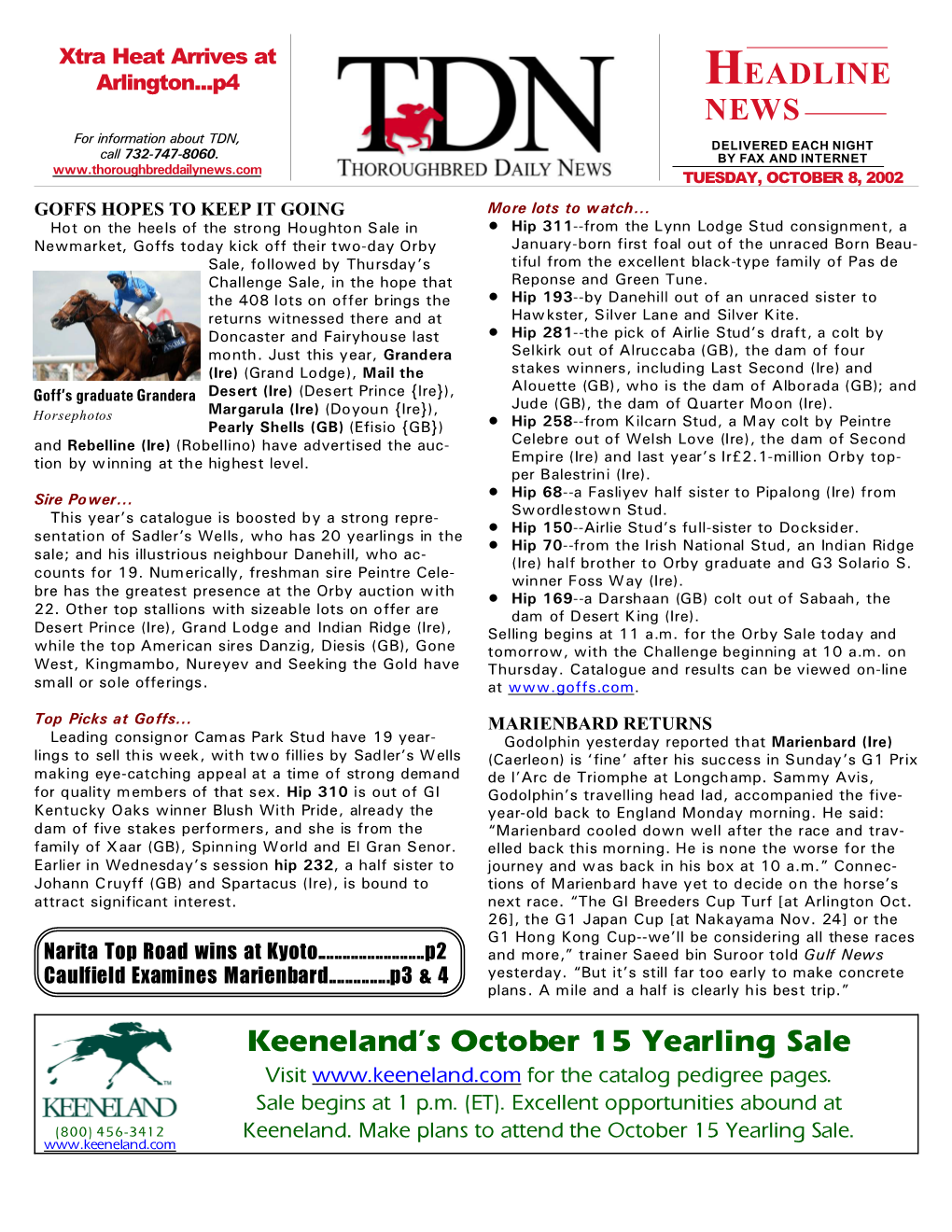 Keeneland's October 15 Yearling Sale HEADLINE NEWS