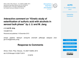 Kinetic Study of Esterification of Sulfuric Acid with Alcohols in Aerosol Bulk