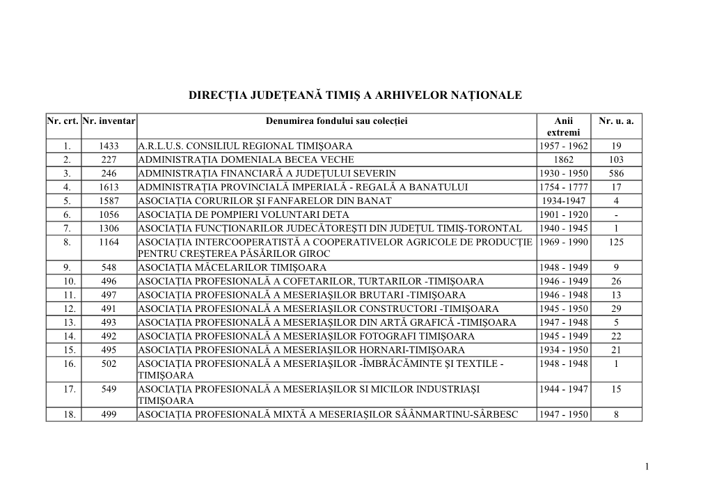 Lista Fondurilor Si Colectiilor Date in Cercetare De Catre DJAN Timis