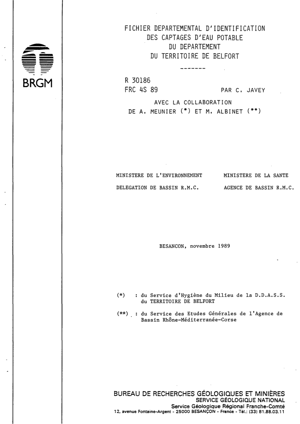 Fichier Departemental D'identification Des Captages D'eau Potable Du Departement Du Territoire De Belfort