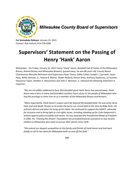 Supervisors' Statement on the Passing of Henry 'Hank' Aaron