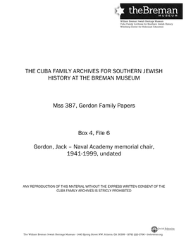 THE CUBA FAMILY ARCHIVES for SOUTHERN JEWISH HISTORY at the BREMAN MUSEUM Mss 387, Gordon Family Papers Box 4, File 6 Gordon, Ja