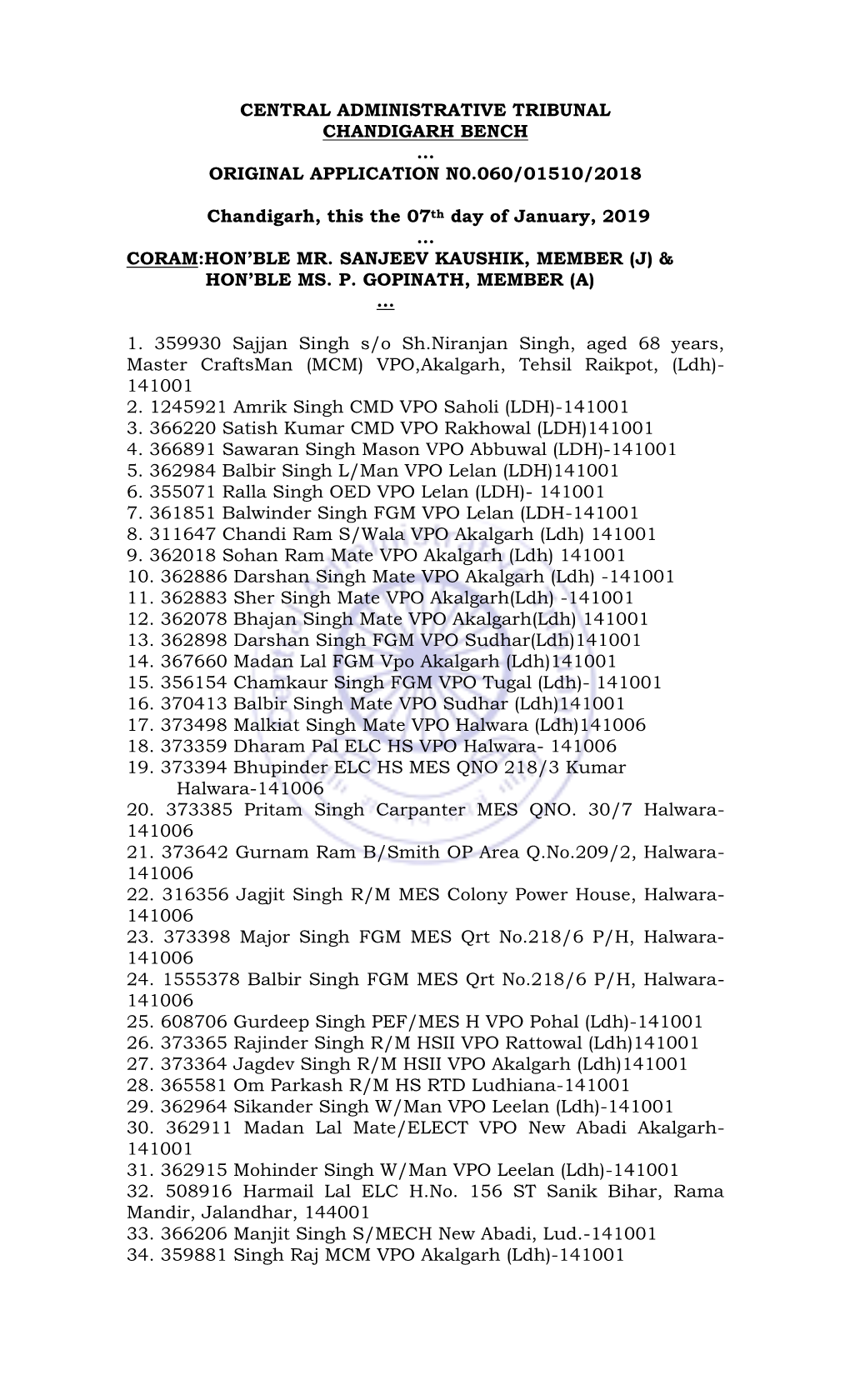 Central Administrative Tribunal Chandigarh Bench … Original Application N0.060/01510/2018