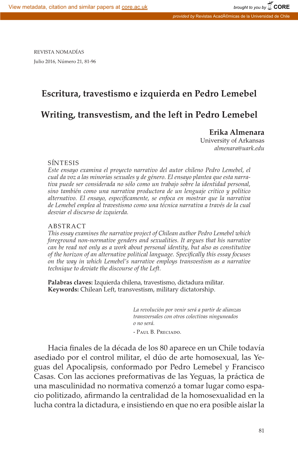 Escritura, Travestismo E Izquierda En Pedro Lemebel