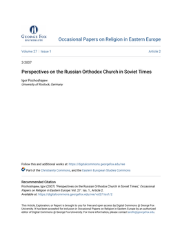 Perspectives on the Russian Orthodox Church in Soviet Times