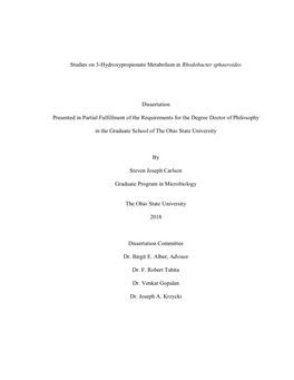 1 Studies on 3-Hydroxypropionate Metabolism in Rhodobacter