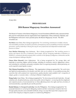 2014 Ramon Magsaysay Awardees Announced