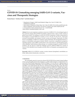 COVID-19: Unmasking Emerging SARS-Cov-2 Variants, Vac- Cines and Therapeutic Strategies
