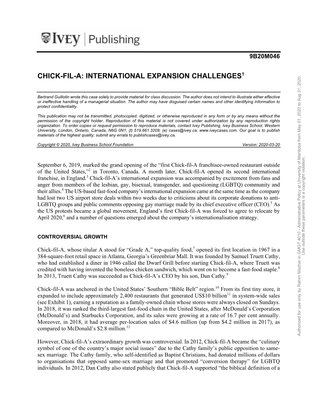 Chick-Fil-A: International Expansion Challenges1