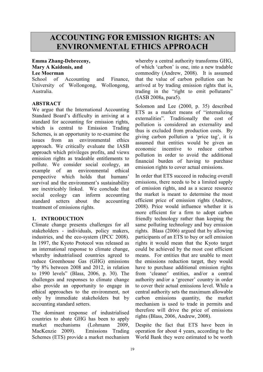 Accounting for Emission Rights: an Environmental Ethics Approach