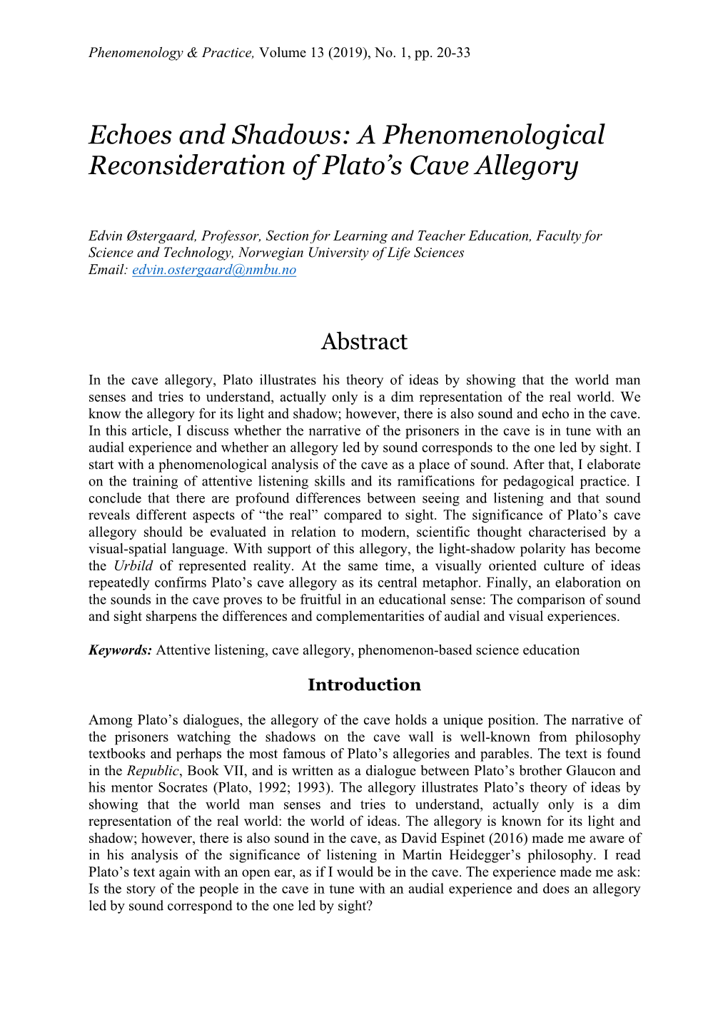 A Phenomenological Reconsideration of Plato's Cave Allegory