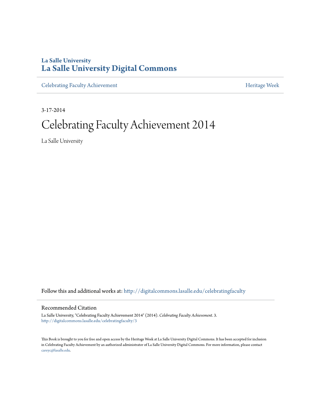 Celebrating Faculty Achievement 2014 La Salle University
