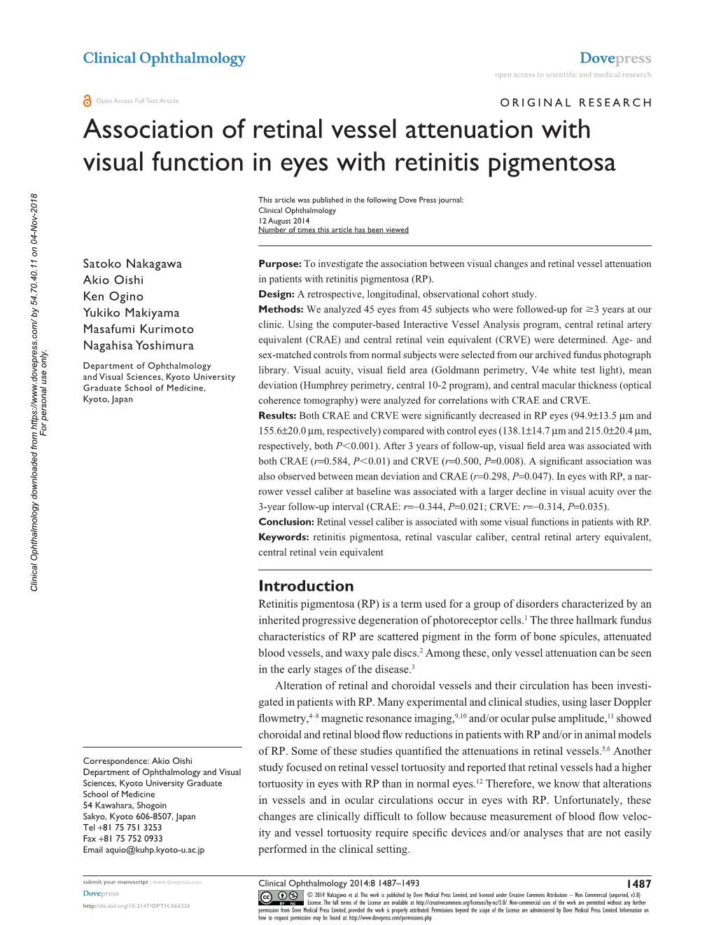 Association of Retinal Vessel Attenuation with Visual Function in Eyes with Retinitis Pigmentosa