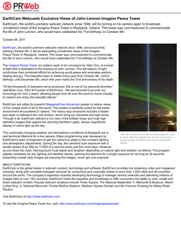 Earthcam Webcasts Exclusive Views of John Lennon Imagine Peace Tower